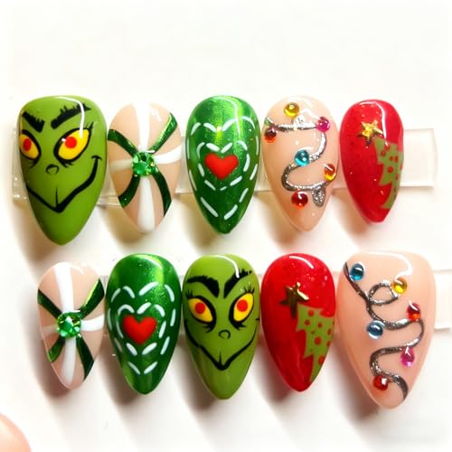 Christmas Press on Nails Medium Almond Fake Nails 30Pcs Xmas Rhinestone