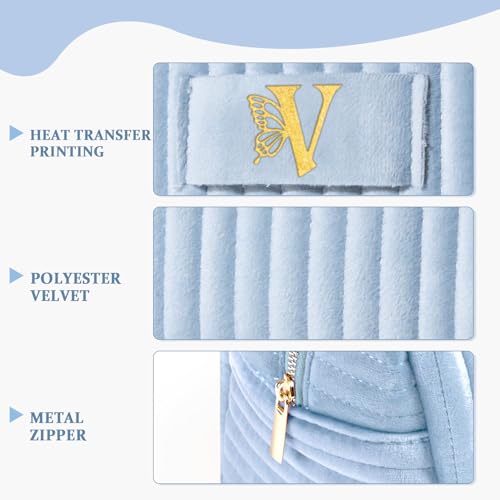 COSHAYSOO Velvet Travel Makeup Bag Initial Cosmetic Pouch Blue Letter V