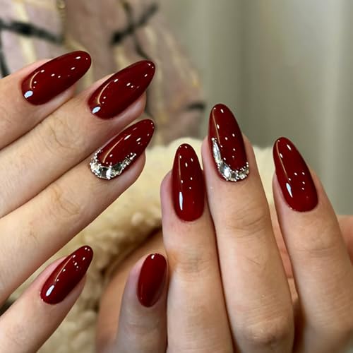 OSTTMA Dark Wine Red Press on Nails Medium Almond Rhinestone False Nails