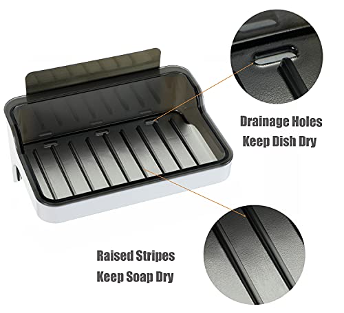 Mantto Adhesive Soap Holder with Hooks - Self-Draining Dish (White/Grey)