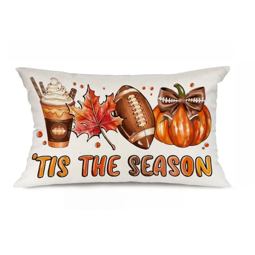 Fall Football Linen Lumbar Pillow Cover, 12x20 Farmhouse Autumn Decor