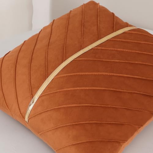 Set of 2 Velvet Throw Pillow Covers 18x18 with Gold Leather - Orange
