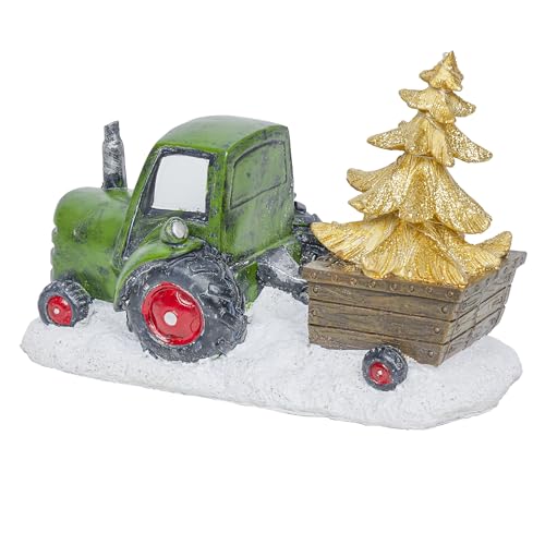 Alpine Corporation Holiday Green Tractor Pulling Tree Statue with LED Lights