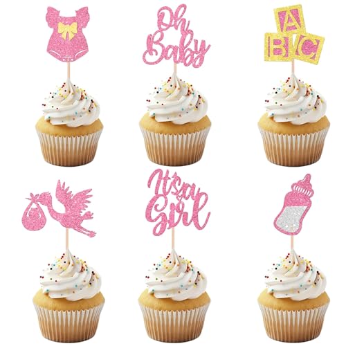 12 Rose Gold Glitter Cupcake Toppers for Baby Girl Shower