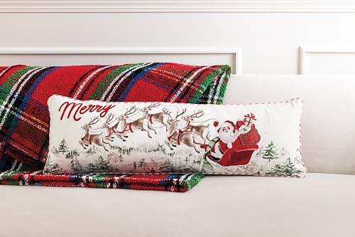Christmas Santa Scene Long Pillow - Holiday Decor, 11 x 35 Inch, White