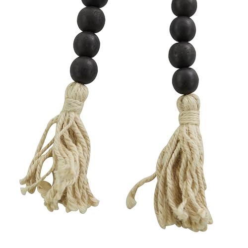 Deco 79 Mango Wood Handmade Round Long Carved Beaded Garland with Tassel, 80" x 1" x 1", Black