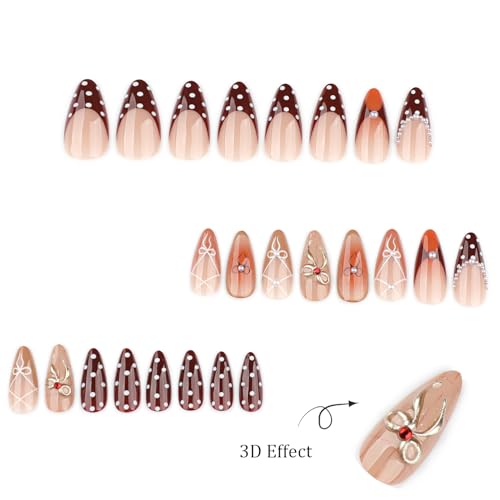 French Tip Press on Nails Medium Almond Brown Fake Nails with 3D Bows