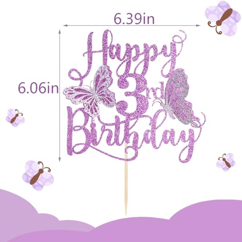3D Butterfly Cake Topper for 3rd Birthday Party - Purple Glitter