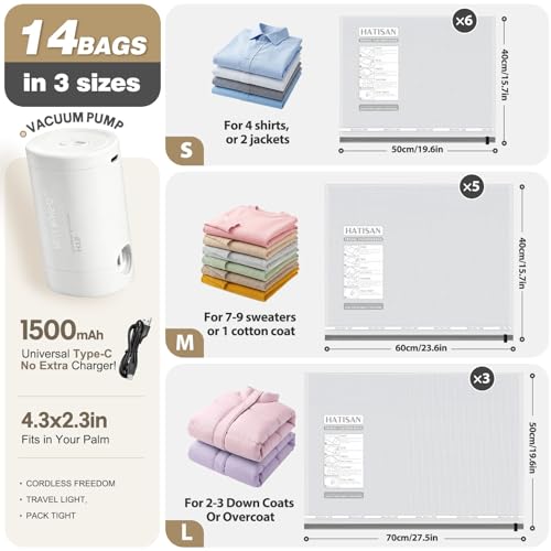 Hatisan Vacuum Seal Bags for Clothing with Electric Pump, 14pcs Checkered