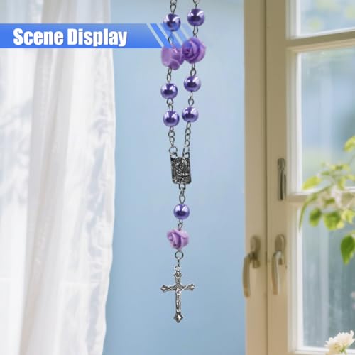 Purple Rosary Cross Rearview Mirror Charm - Elegant Car Pendant
