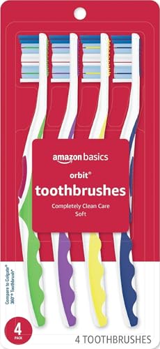 Amazon Basics Orbit Soft Toothbrushes, Full Size, 4-Count Pack