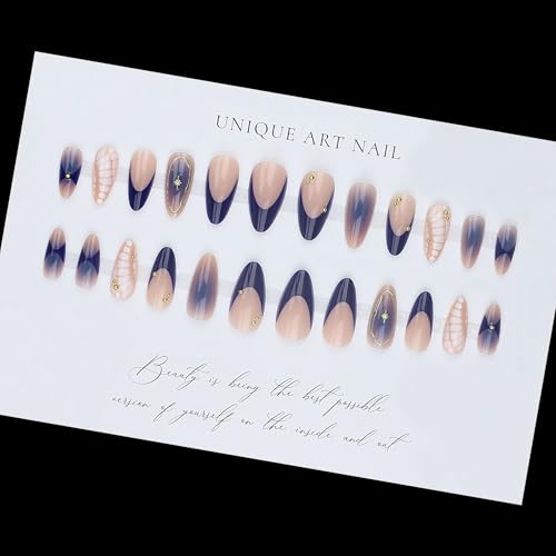 Bohemian Medium Almond Press on Nails Navy Nude Ombre False Nails Kit