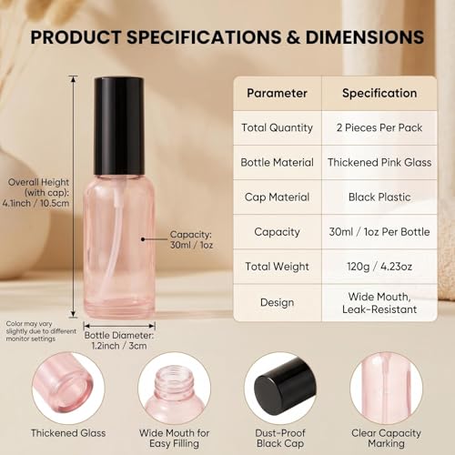 ASTRQLE 2PCS Pink Glass Pump Bottles 1oz 30ml Portable Lotion Containers