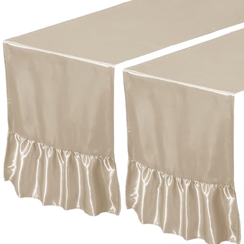 Satin Table Runner Champagne 12x108 Inch Ruffle Party Decor 2 Pack
