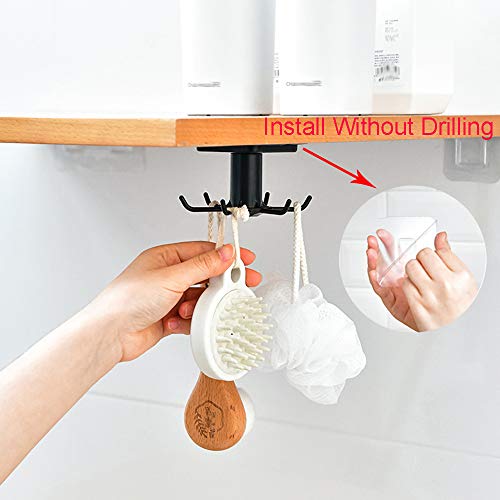 EigPluy 2pcs Under Cabinet Utensil Hooks - 360° Rotating Adhesive Rack, Black