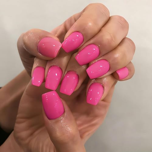 KXAMELIE Hot Pink Short Coffin Press On Nails - 30 Pcs Glossy Soft Gel False Nails