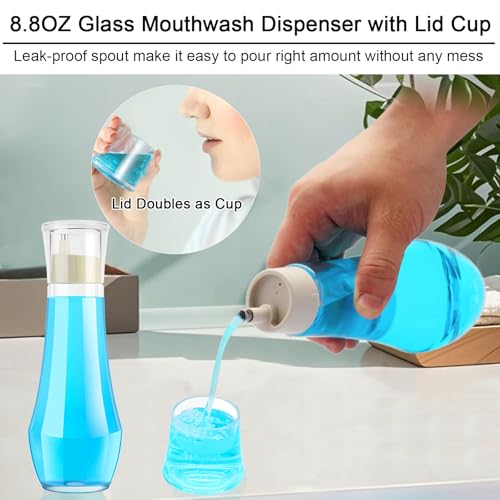 Tiyafuro 1p Glass Mouthwash Dispenser with Lid Cup, 8.8oz Refillable Bathroom Container