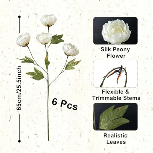6 Pcs Faux Silk Peony Flower Stems for DIY Bouquets & Wedding Decor, Cream