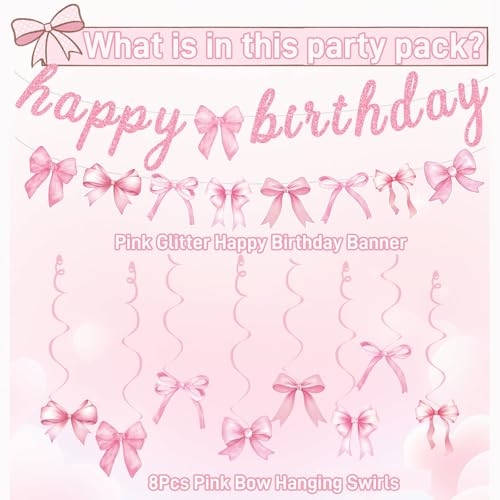 Pink Bow Birthday Party Decorations Set with Banner and Hanging Swirls