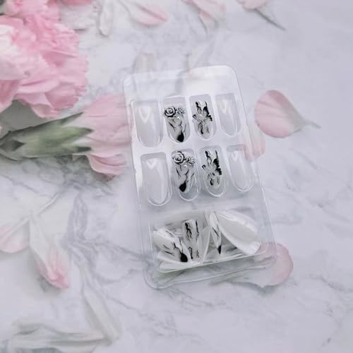 3D Handmade Press On Nails Almond Glossy Black White Marble Butterfly