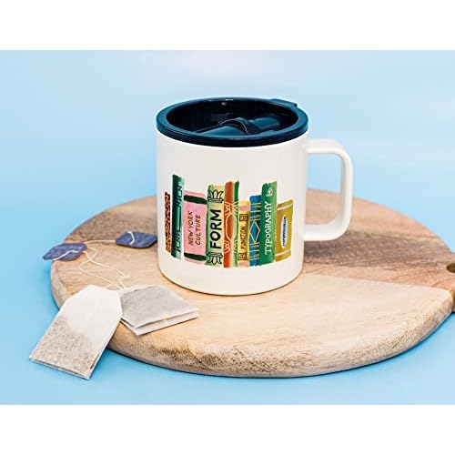 kate spade new york Stainless Steel Insulated Mug with Handle and Lid, 16 Ounce Double Wall Tumbler, Reusable Coffee Travel Mug for Hot and Cold Drinks, Bookshelf