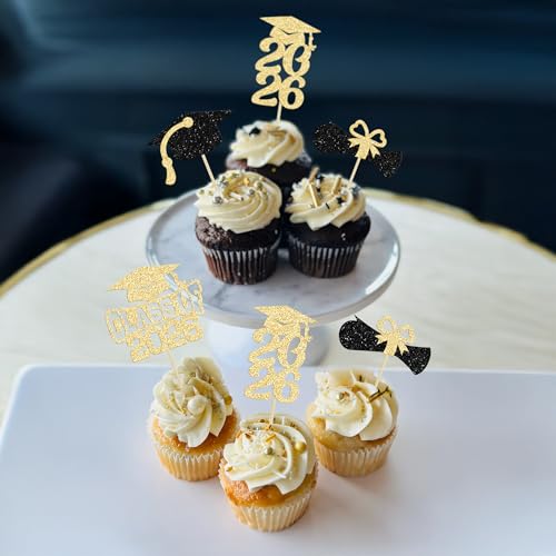 Ephlyn 36Pcs Class of 2026 Gold Glitter Graduation Cupcake Toppers