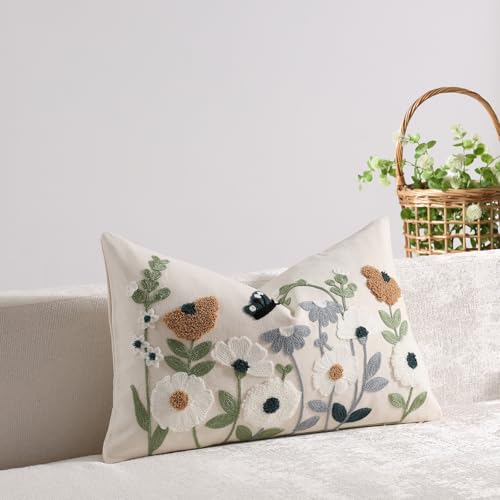 DEZENE Floral Embroidered Lumbar Pillow Cover 12x20 for Spring Decor