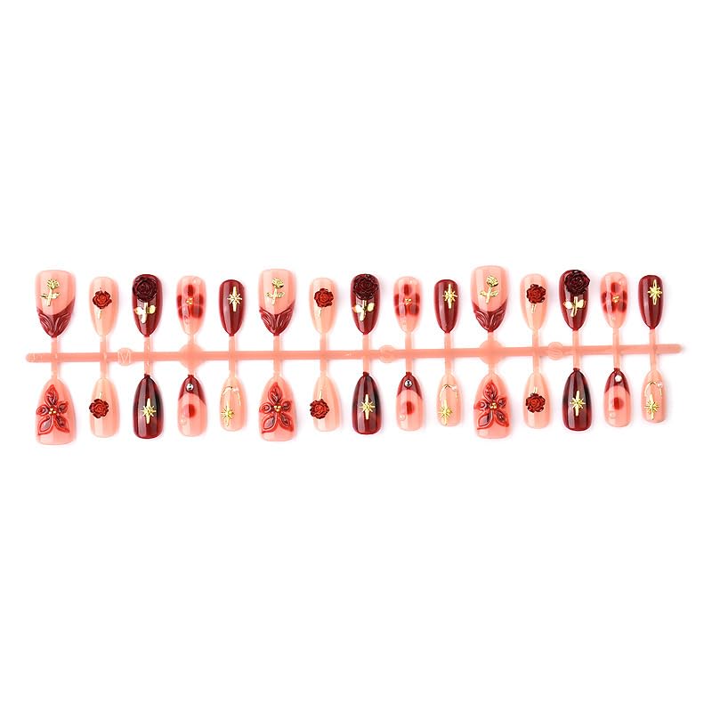 Valentines Press On Nails Medium Almond False Nails Rose Design 30Pcs