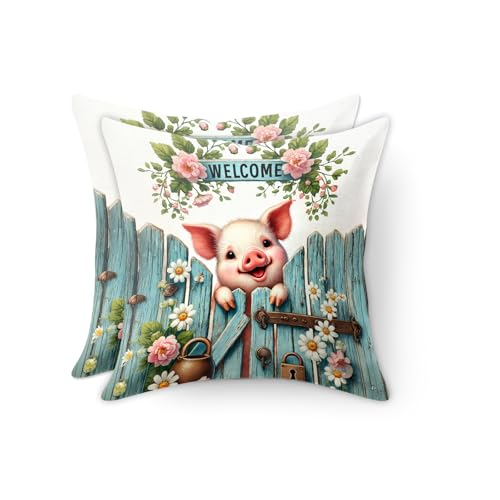 Set of 2 Pig Throw Pillow Covers 18x18 Inch - Cute Farmhouse Decor