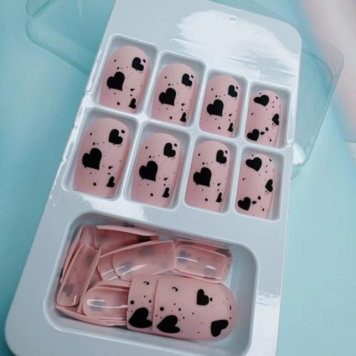Black Heart Press on Nails Square Matte Pink Acrylic False Nails 24pcs