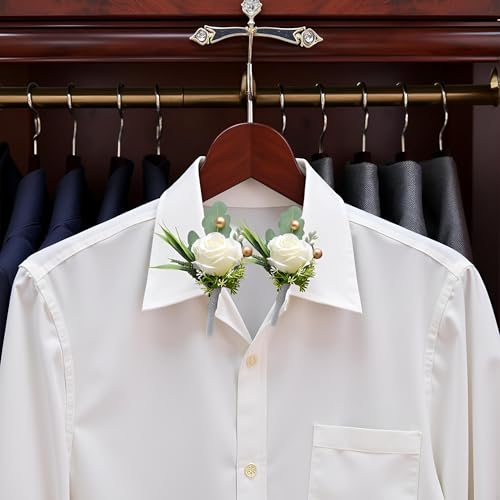 White Rose Boutonnieres for Men Wedding Groom 2-Pack Artificial Flowers