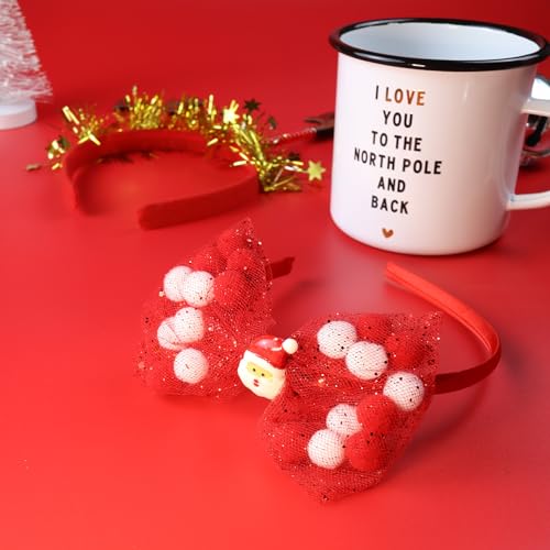Needzo Christmas Red Bow Headband Sparkly Lace Hairband with Santa Pendant
