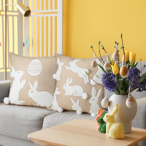 Easter Bunny Linen Throw Pillow Covers 18x18 Inch - Set of 2