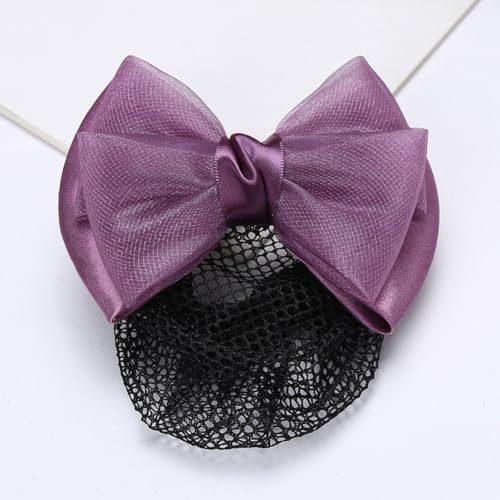 QUUPY Purple Bow Hair Net Barrette, Polyester Mesh Bun Cover Clip