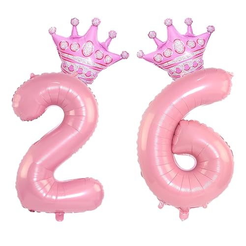 40-Inch Pink Number 26 Balloons with Crowns for Birthday Parties