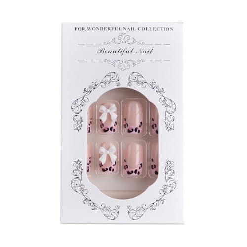 Pink Leopard French Tip Press on Nails with Bow and Rhinestones