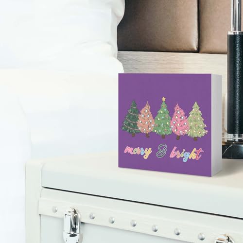 Purple Christmas Tree Wooden Box Sign - 5x5 Desk Decor