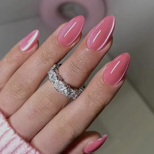 Cat Eye Press on Nails Medium Almond Rose Red French Design 24Pcs