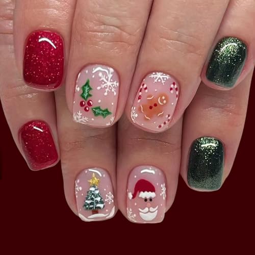 Christmas Press on Nails Short Square False Nails Winter Holiday Design