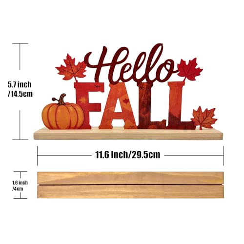Hello Fall Metal Sign with Wooden Base - Autumn Table Decor