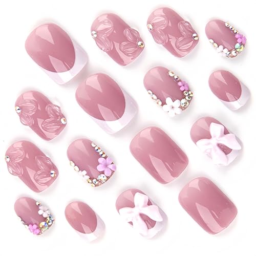 Pink Press on Nails Short Square with 3D Bow Charms and Floral Design 24Pcs