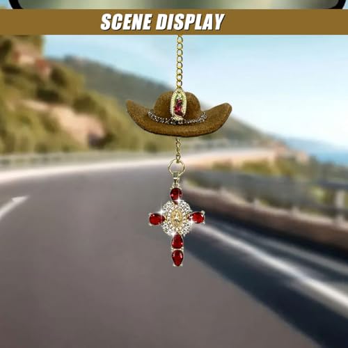 Cowboy Hat Car Charm with Cross - Handmade Rear View Mirror Ornament