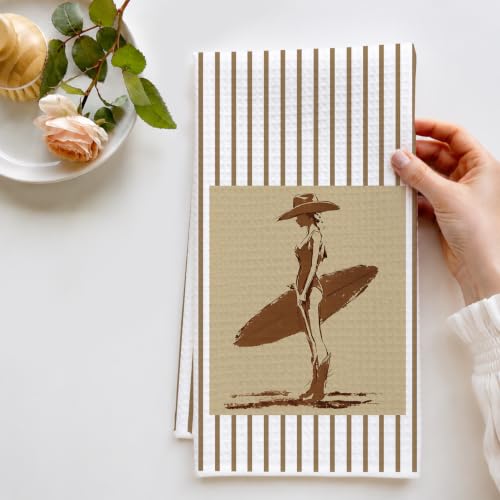 Coastal Cowgirl Hand Dish Towels - 16x24 Inches - Beach Surfer Design