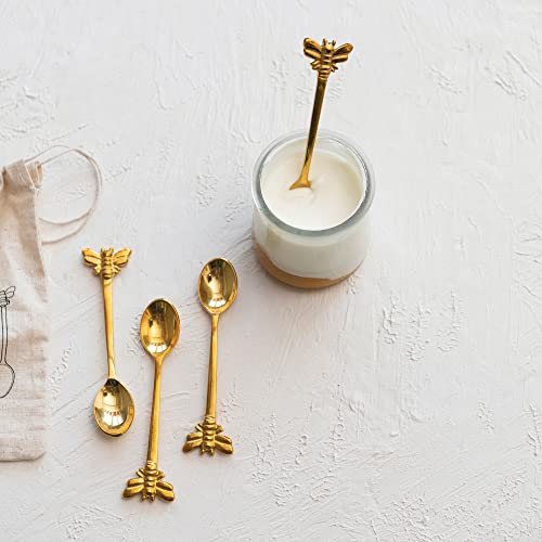 Creative Co-Op Farmhouse Brass Spoons with Bee Handles in Drawstring Bag, Brass Finish