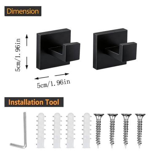 JOPOFI Matte Black Towel Hooks - 2 Piece Wall Mounted Stainless Steel Robe Hooks