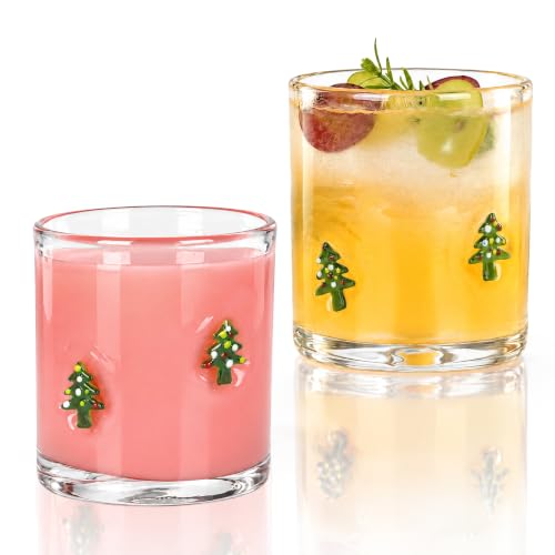 Christmas Tree Icon Juice Glasses - 14 oz Set with Festive Holiday Design - Tree Variation