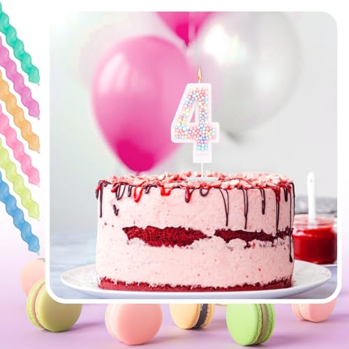 Macaron Number 4 Birthday Candle with 12 Rainbow Spiral Candles