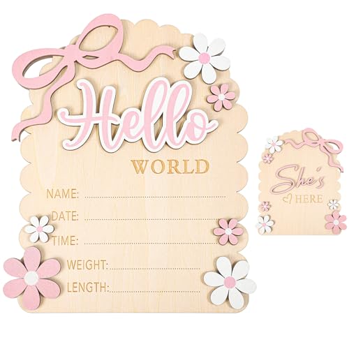 Hello World Newborn Announcement Sign - Double-Sided Baby Welcome Board with Bow & Daisy