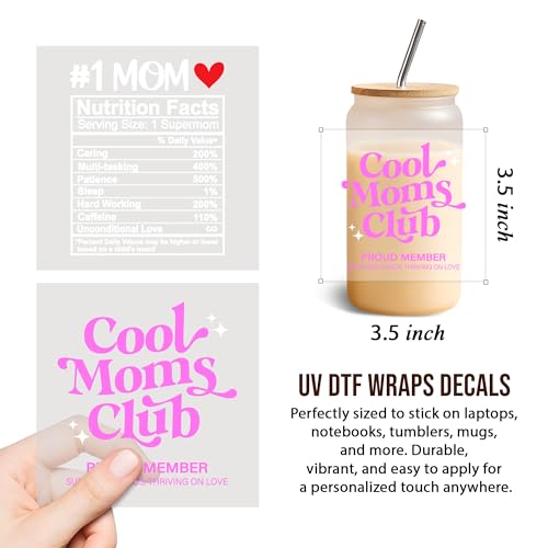 Cool Moms Club UV DTF Cup Wrap Transfer Stickers for 16 oz Glass