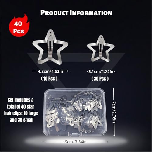 TIKIYOUN 40 Pcs Y2K Star Hair Clips Set - Silver Metal Non-Slip Snap Barrettes for Women and Girls